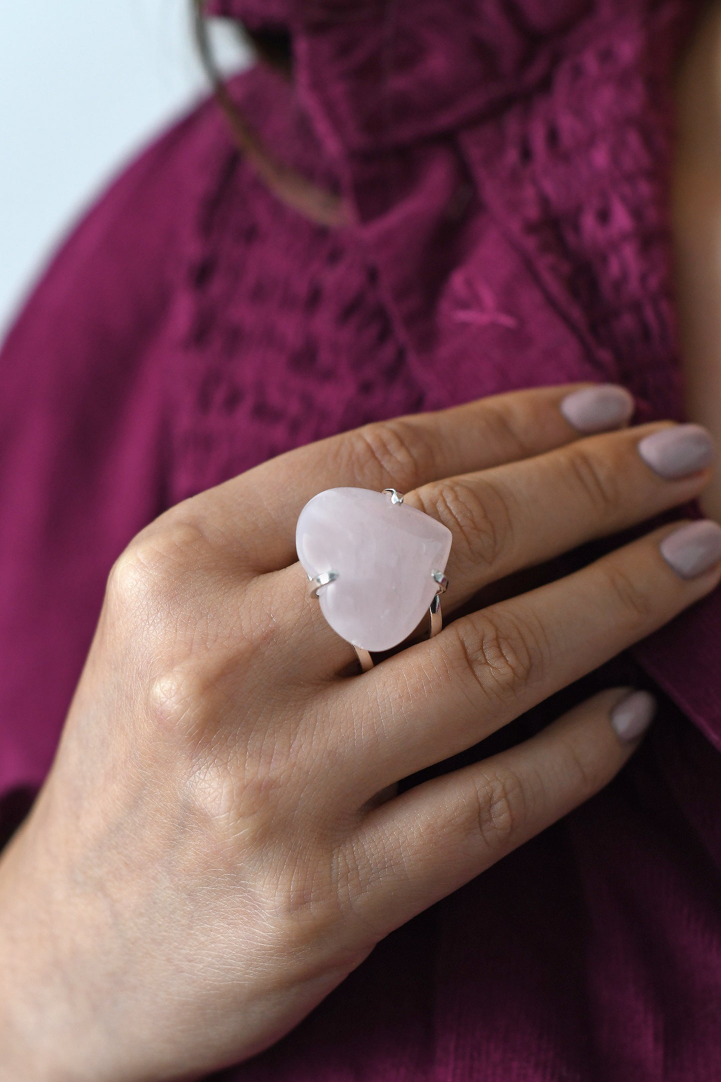 Anillo Cuarzo Rosa Corazon - Plata